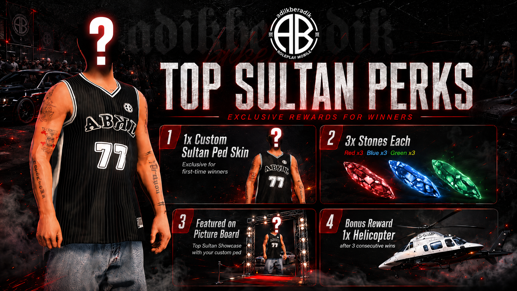 Top Sultan perks banner showing custom Sultan ped skin, stones, picture board feature, and helicopter bonus rewards.